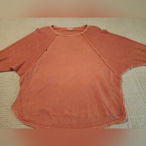 Hailey & Co Women’s Waffle Weave Knit Top Peach 1X Lace Trim Soft Girl Boho